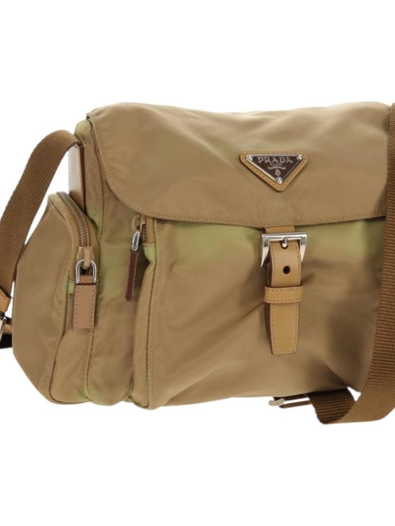 Prada Shoulder Bag Nylon Khaki Silver Auth Fm4987